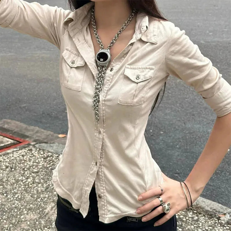 Women's Fitted Half Sleeve Double Pocket Shirt