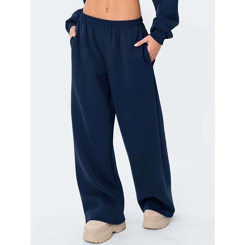 Women's Cotton Solid Loose Wide-Leg Ankle-Length Mid-Rise Pants for Casual Autumn Outfits