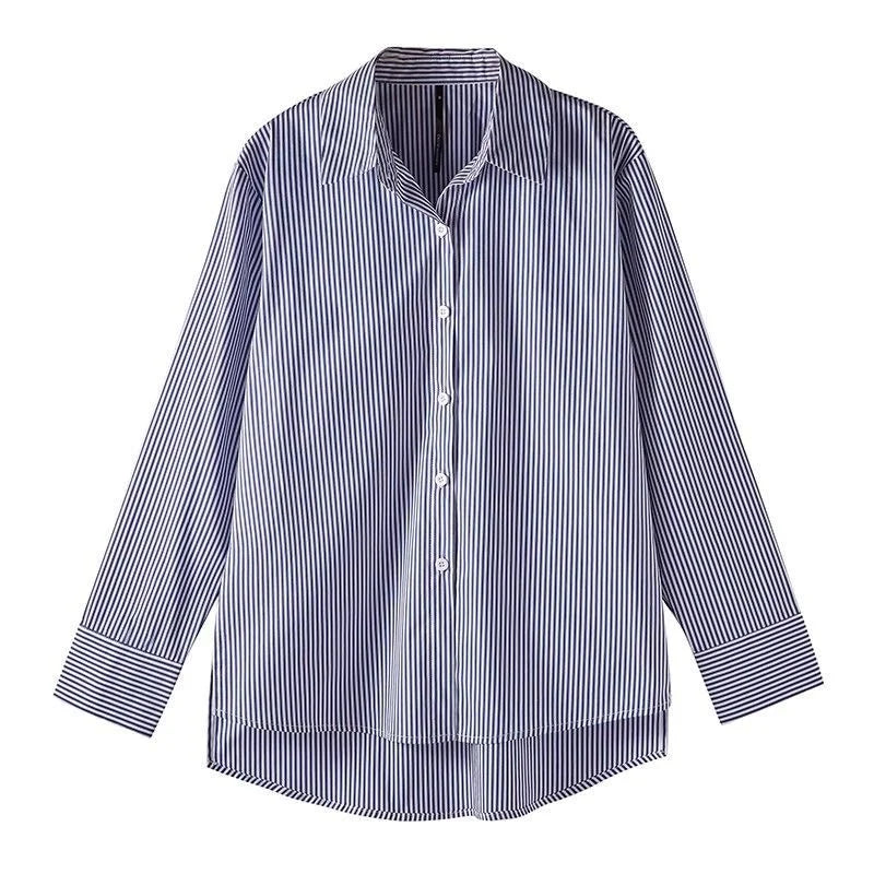 Women's Striped Collared Long Sleeve Button Front Shirt
