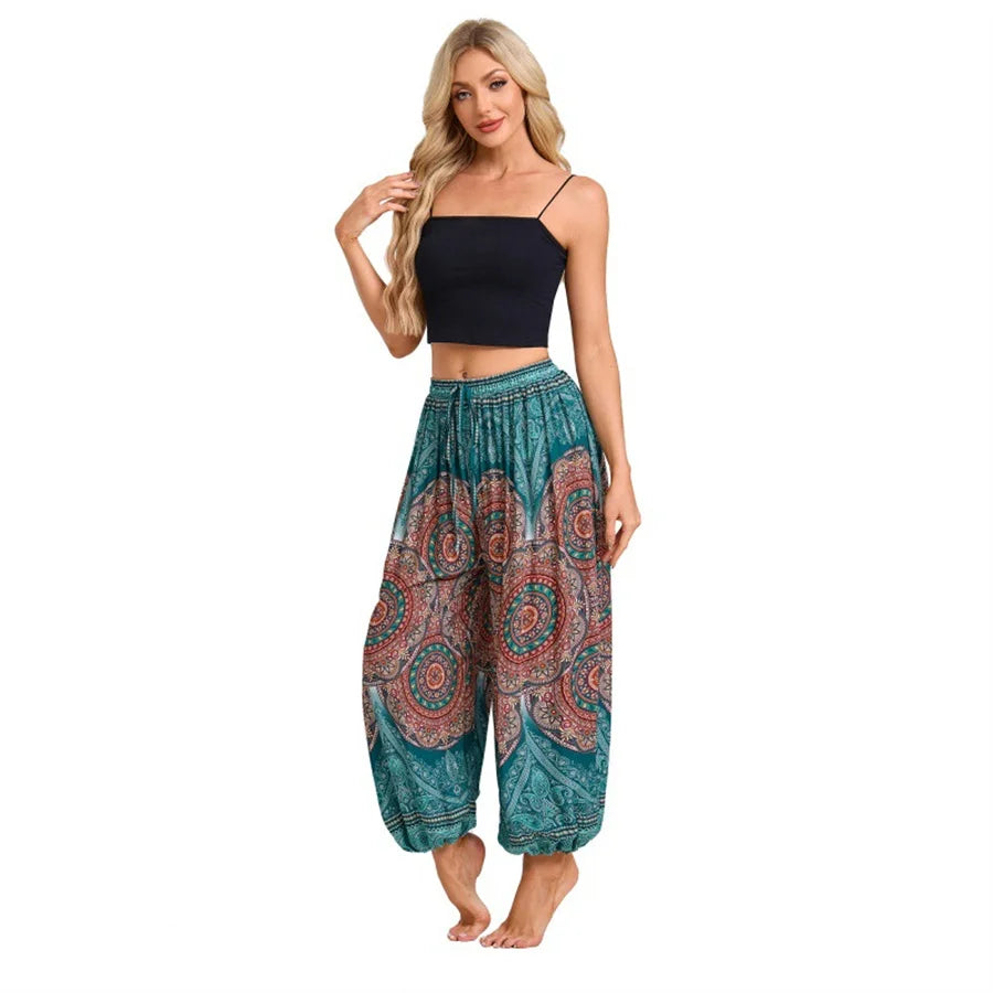 Women's Printed Rayon Harem Pants with Elastic Waist and Loose Gathered Legs