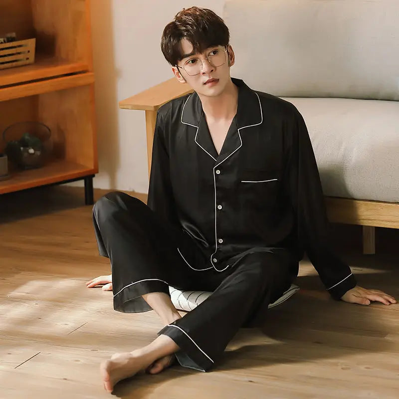 Men's Satin Look Long Sleeve Shirt and Pants Pajama Set