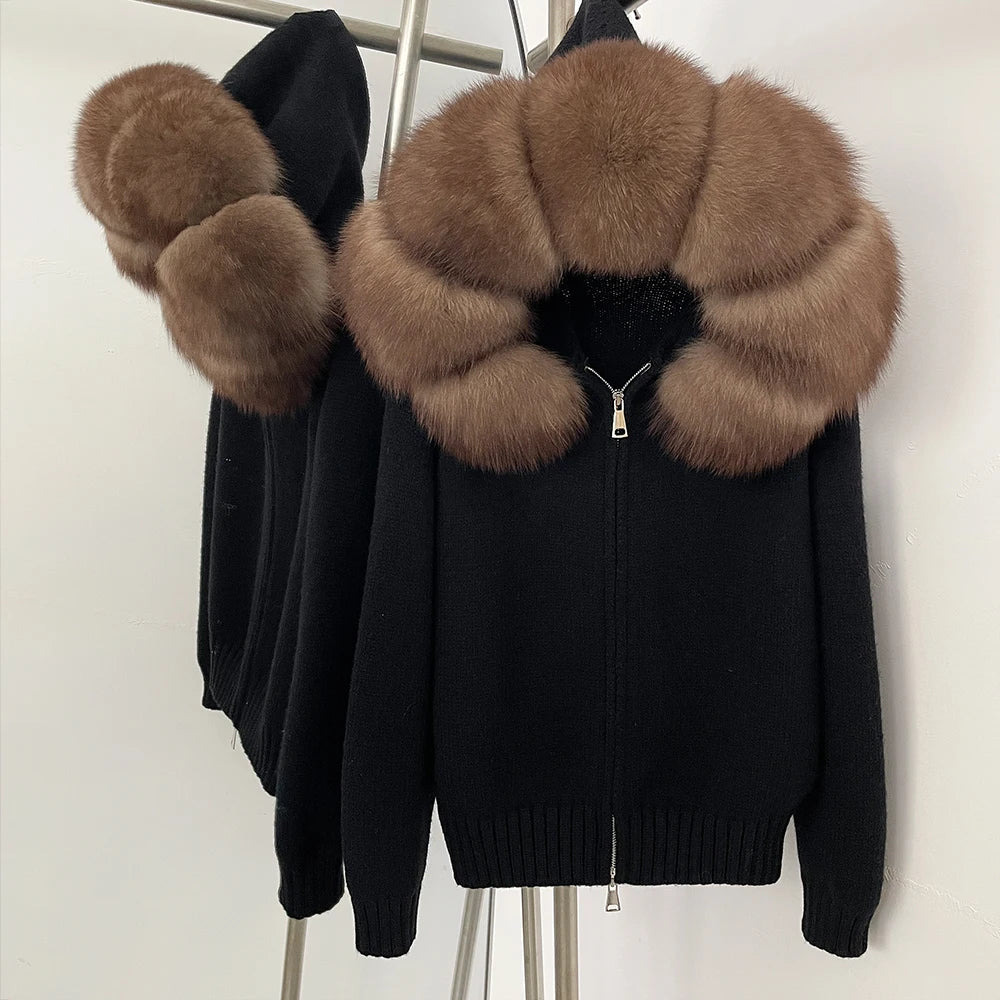 Women's Hooded Zip Front Fluffy Trim Jacket Casual Knit Layer