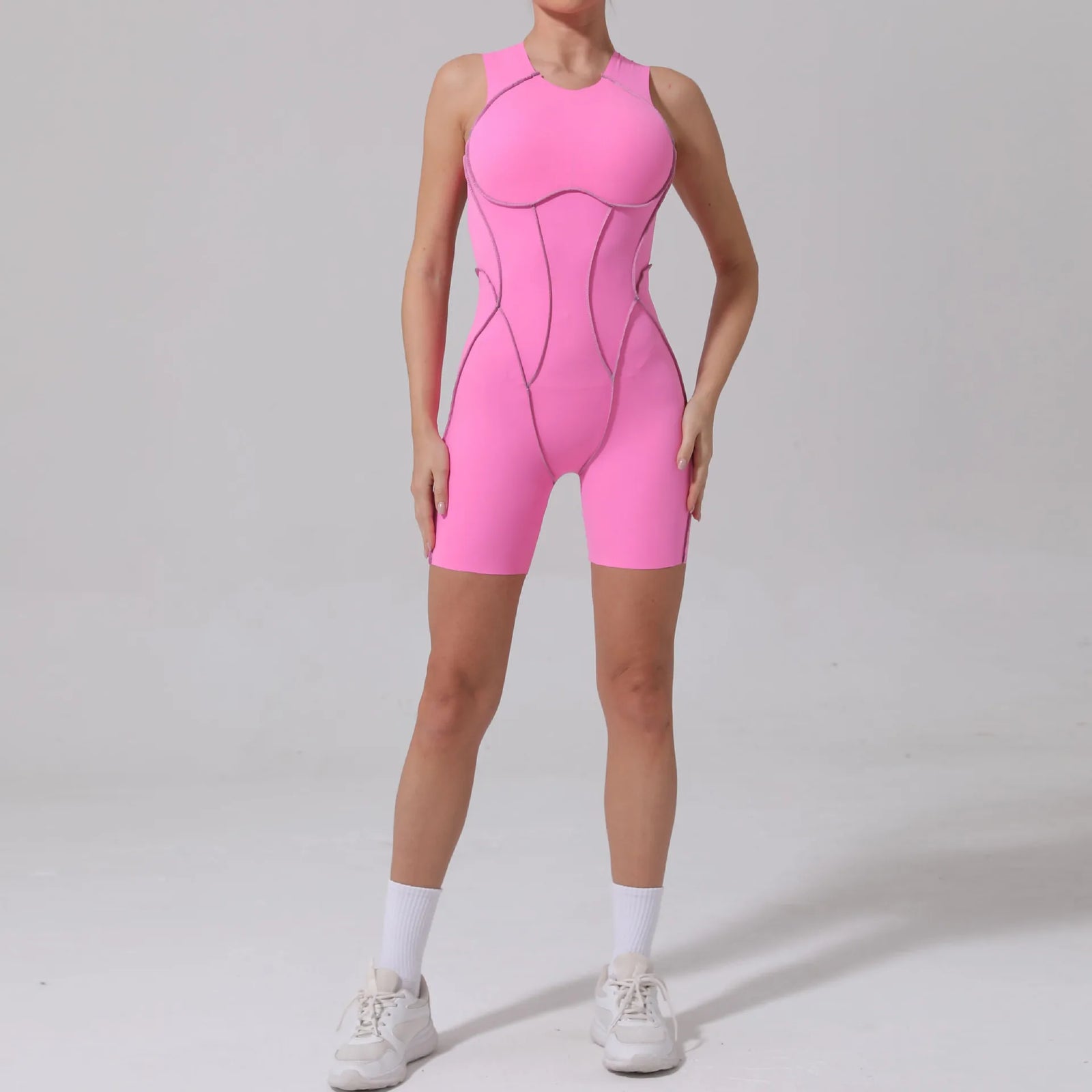 Women's High Neck Open Back Workout Romper with Contrast Seams