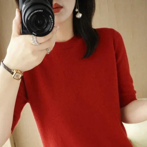 Women's Crew Neck Short Sleeve Sweater Casual Knit Layer