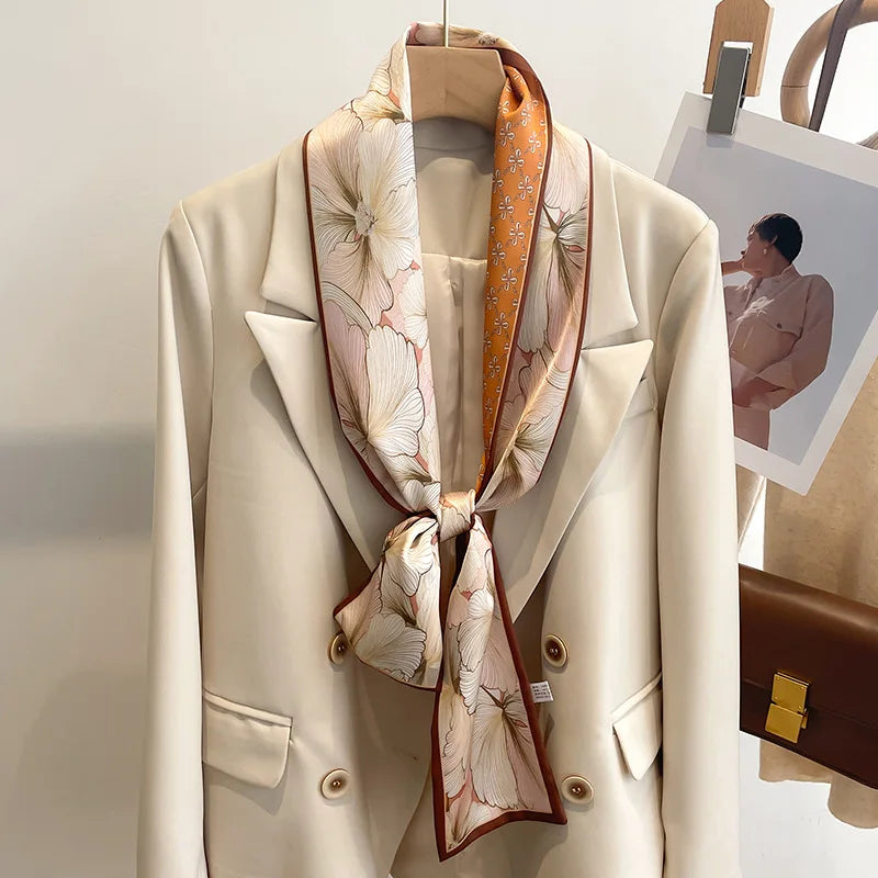 Printed Long Narrow Scarf with Decorative Ribbon Shape