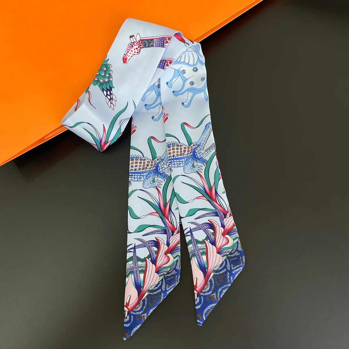 Colorful Printed Skinny Ribbon Scarf with Tie Ends
