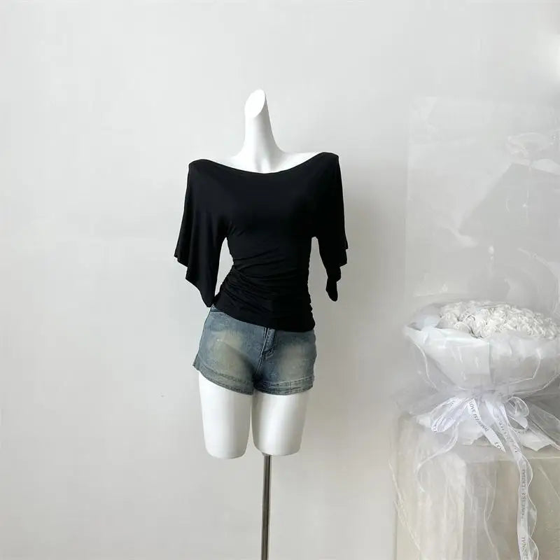 Women's Solid Polyester Slash Neck Blouse with Flared Sleeves and a Fitted Shape