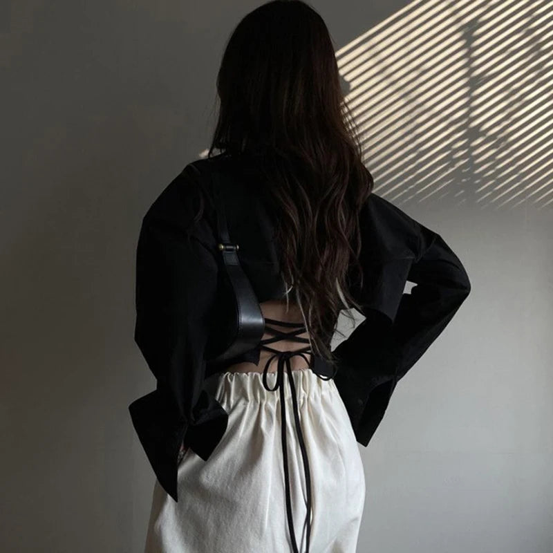 Women's Open Back Long Sleeve Tie Waist Shirt