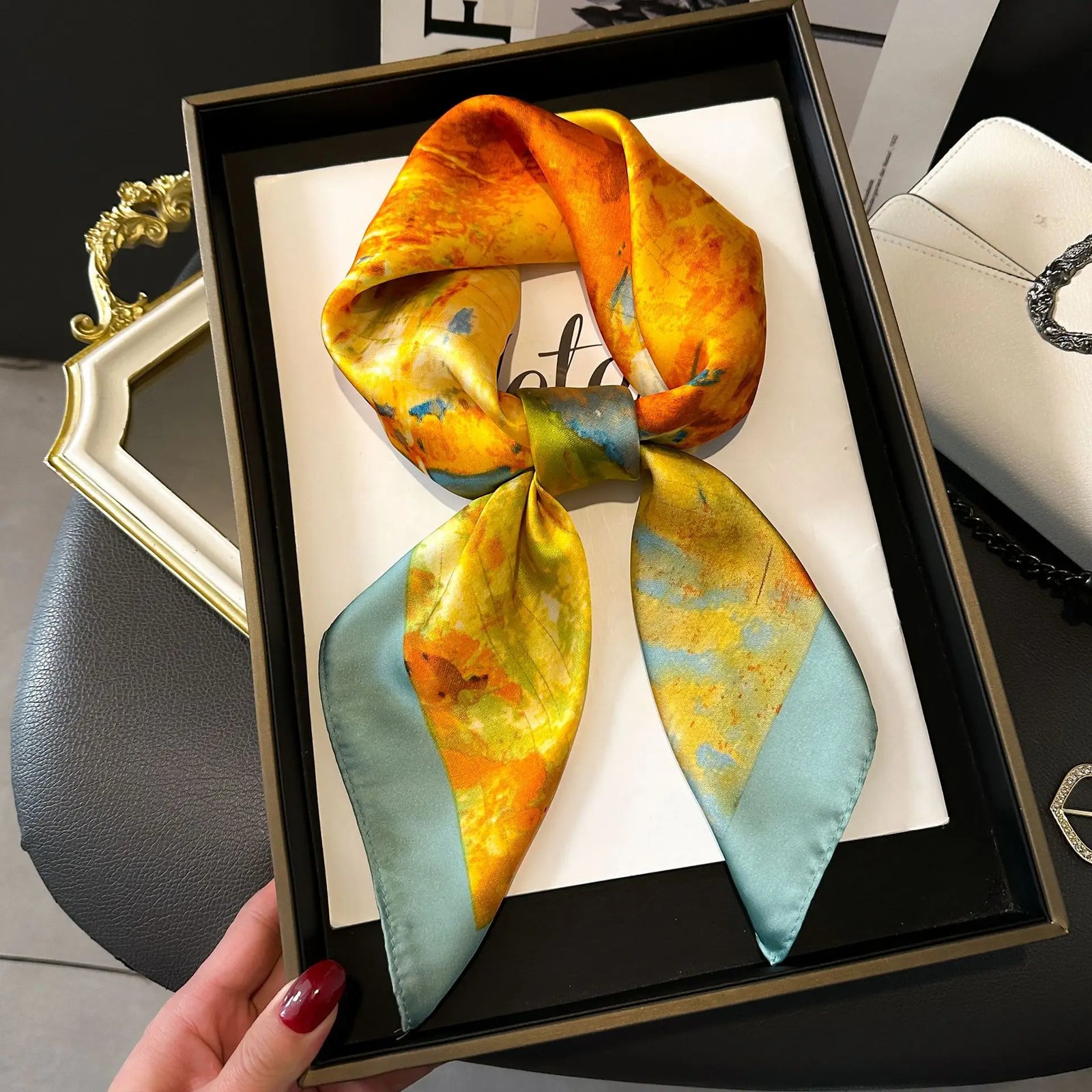 Chain Print Square Scarf with Decorative Border Designs