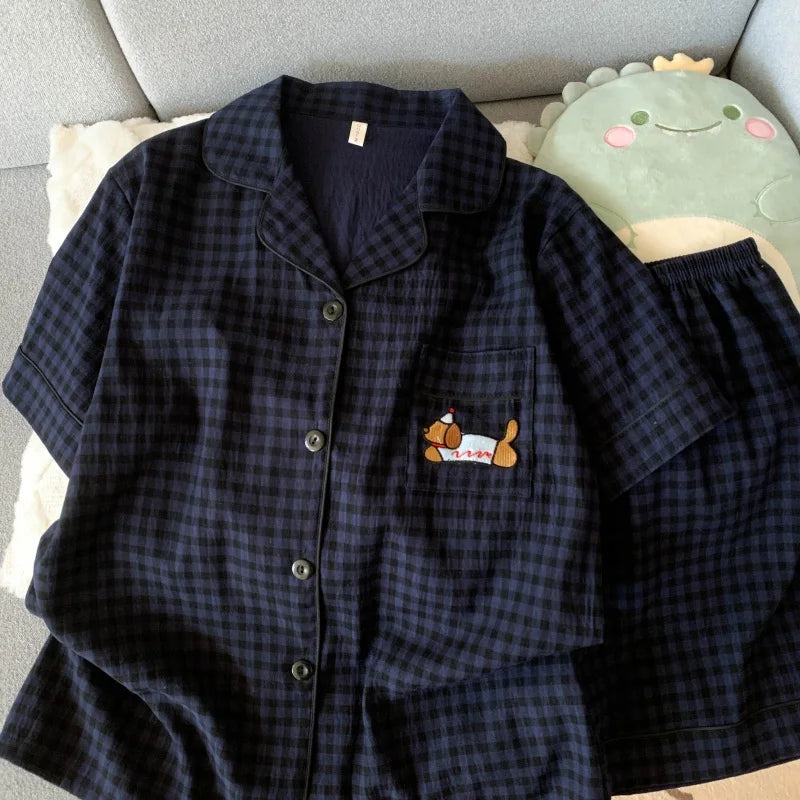 Women's Dog Motif Checked Button Front Pajama Set with Top and Shorts