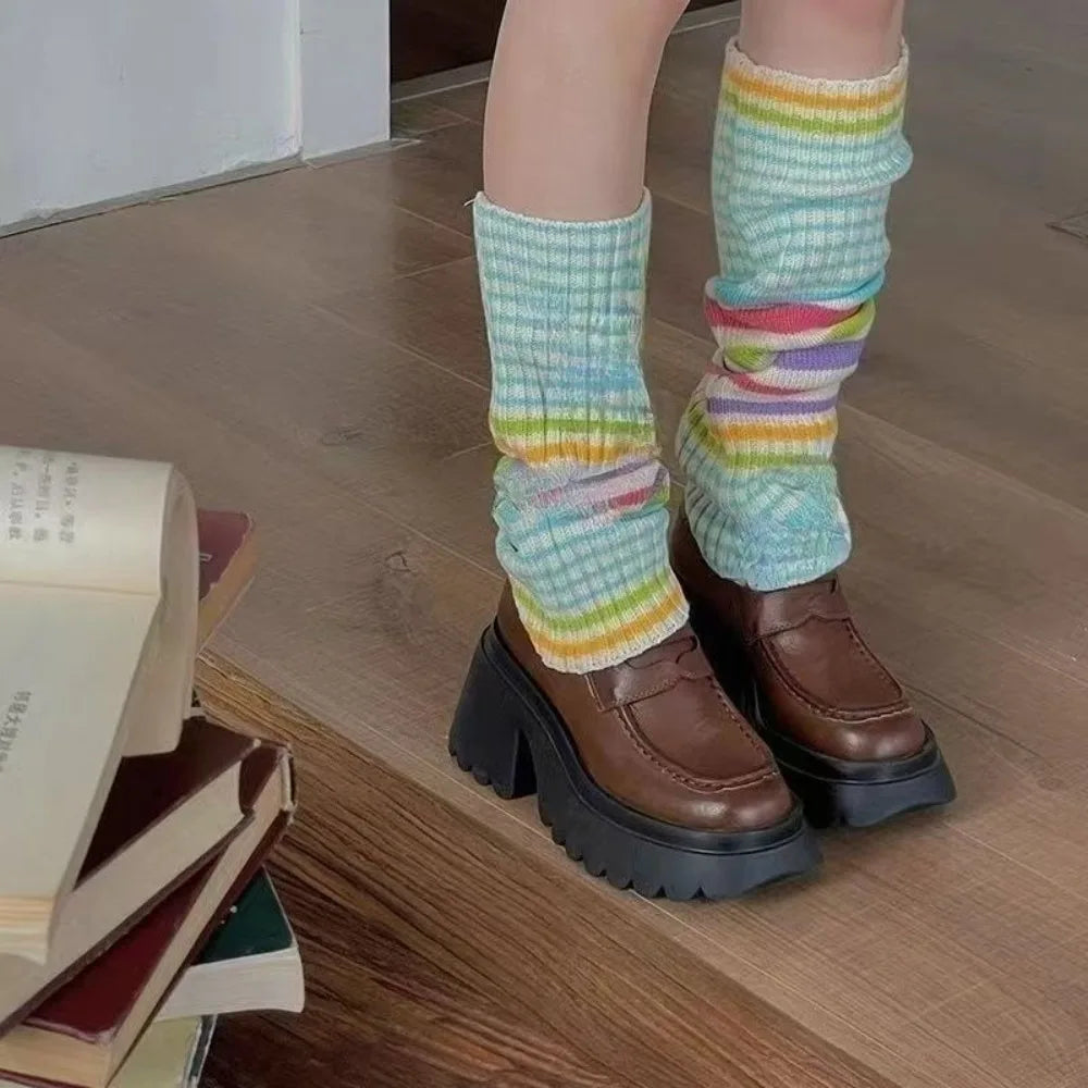 Pastel Striped Knit Leg Warmers with Decorative Floral Details