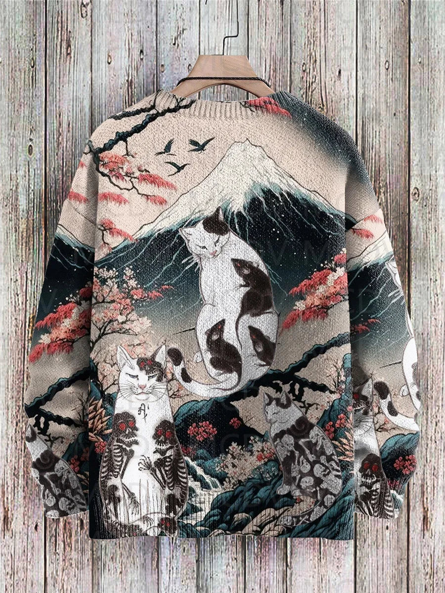 Japanese Art-Print Crewneck Knit Sweater
