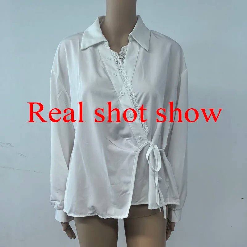 Women's Lace Trim Wrap Blouse with Waist Tie