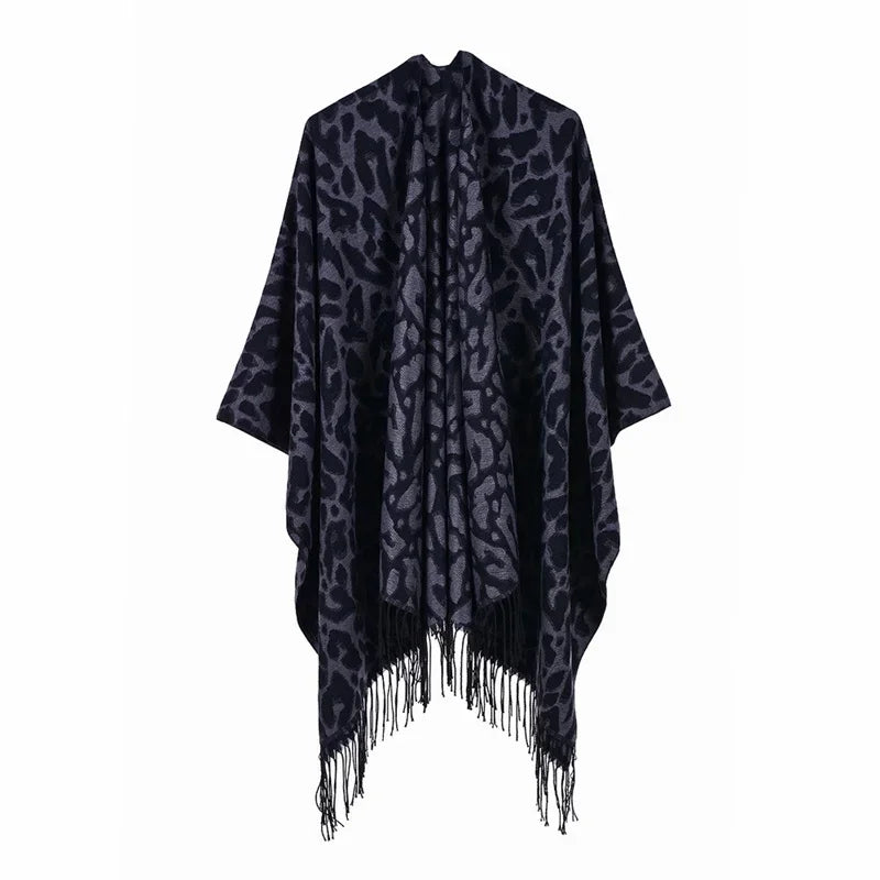 Patterned Fringed Open Front Poncho for Layering over Outfits