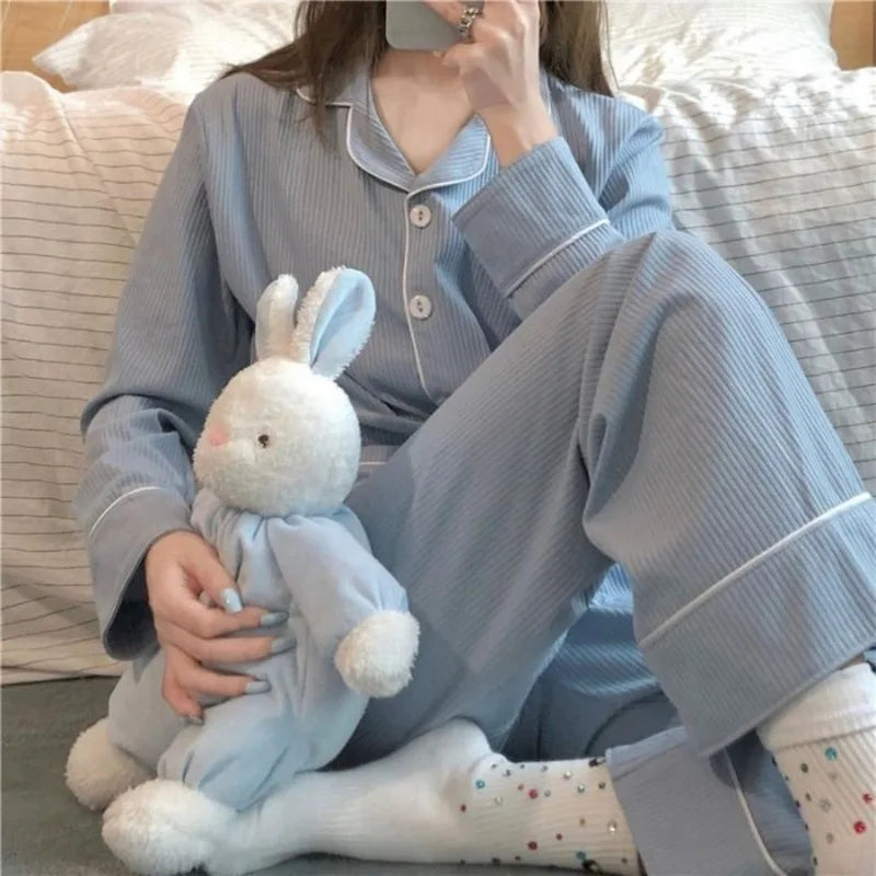 Women's Piped Button Front Long Sleeve Pajama Set with Top and Pants