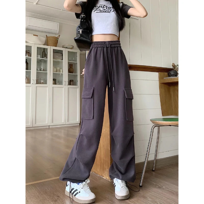 Women's Wide Leg Cargo Pants with Drawstring Waist and Flap Pockets