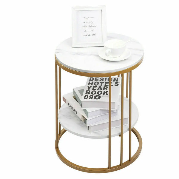 2-Tier White Marble Side Table Round Coffee Table Nightstand Jewellery Storage