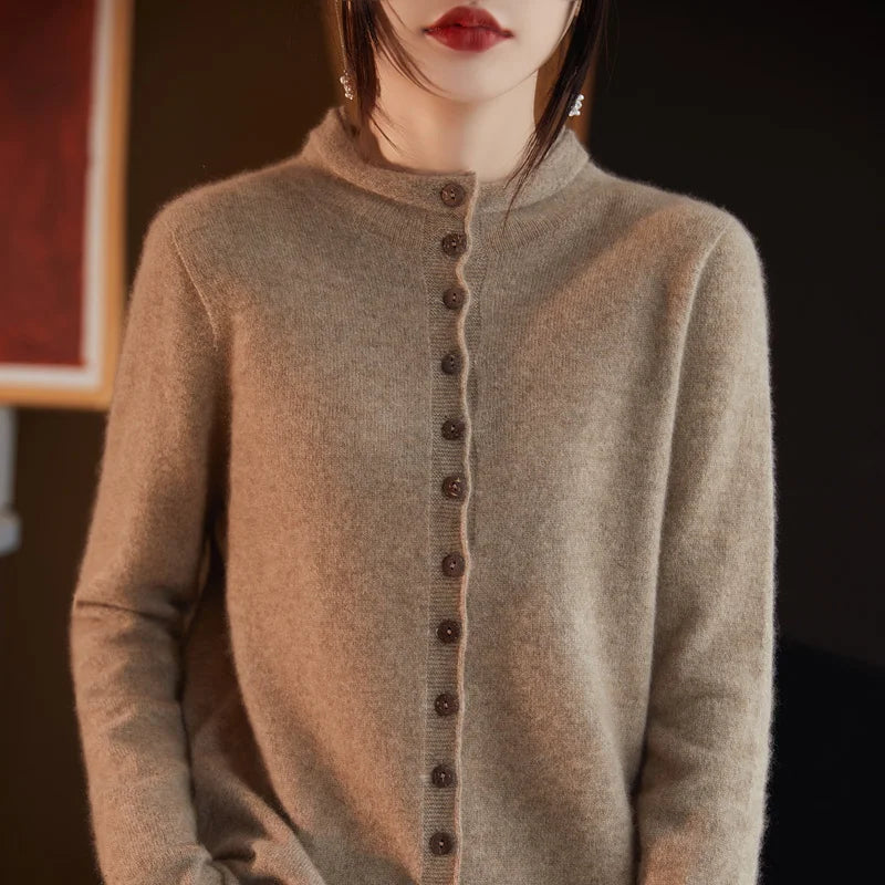 Women's Wool Solid Long-Sleeve Button-Front Knit Cardigan for Autumn Winter Layered Outfits
