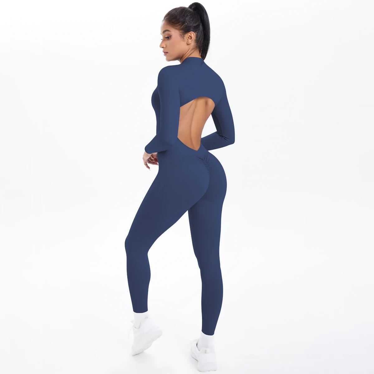 Women's Open Back Nylon Blend Workout Jumpsuit with Zipper and Sleeve Options