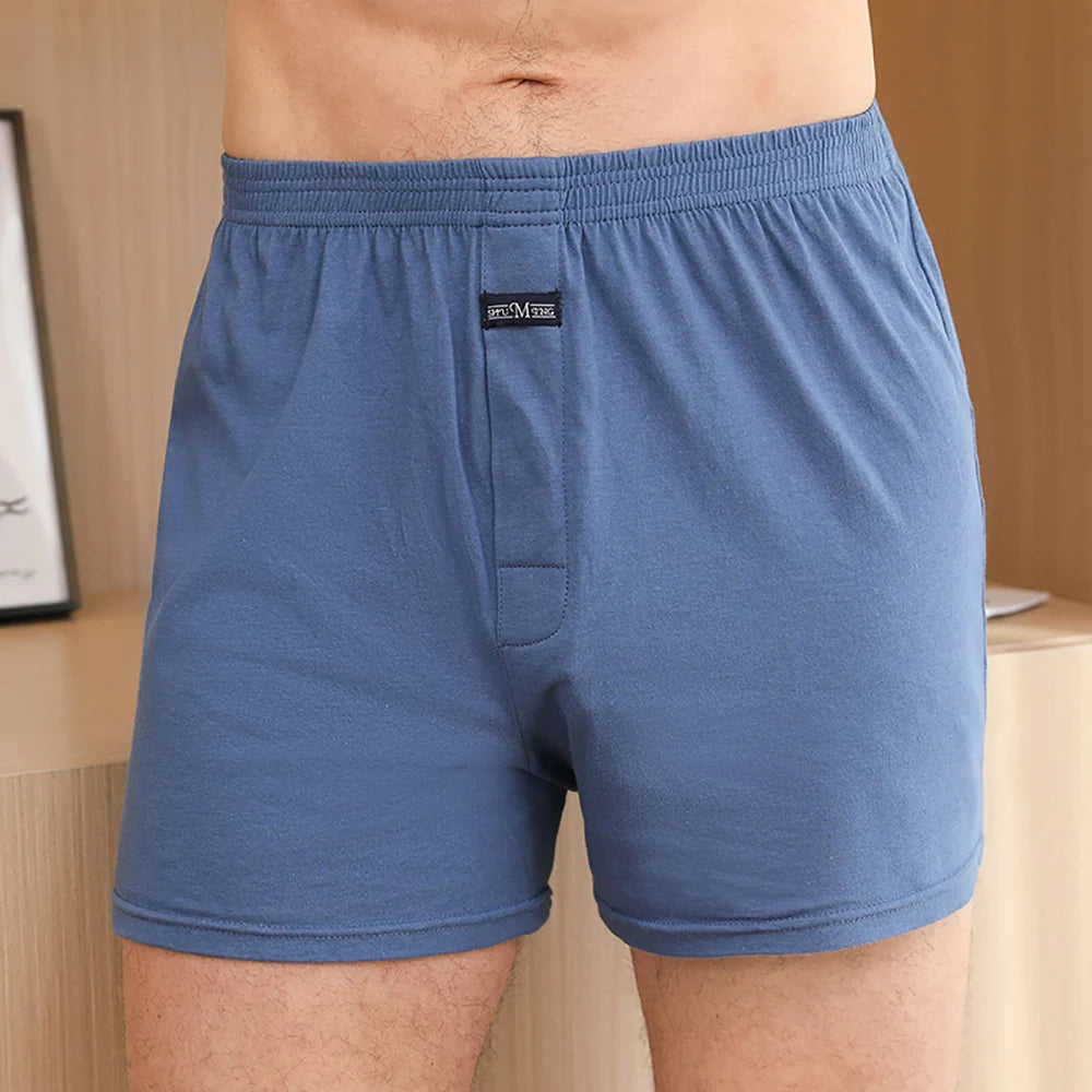Men's Solid Button Detail Elastic Waist Boxer Style Sleep Shorts