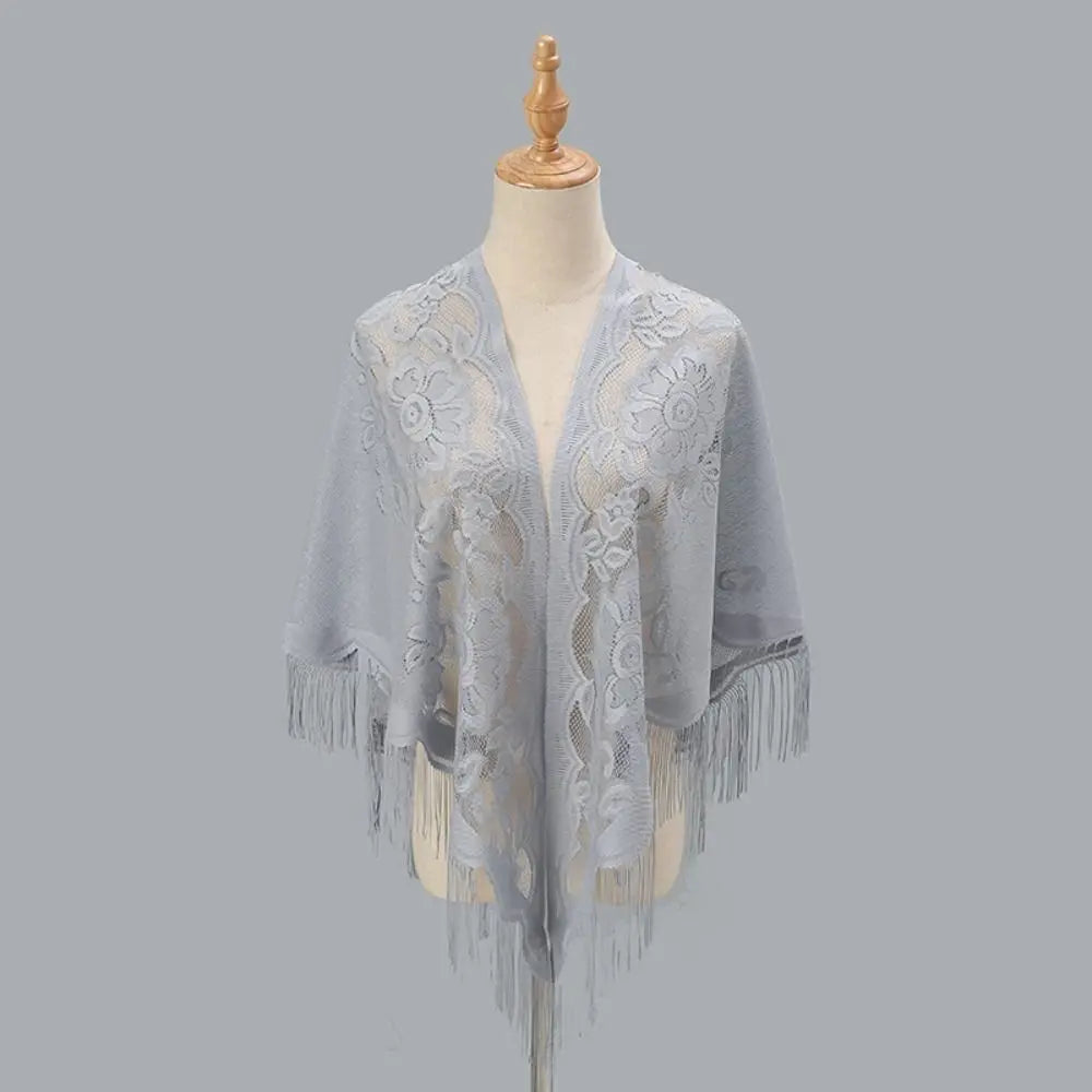 Floral Lace Fringed Wrap Scarf for Layering over Outfits