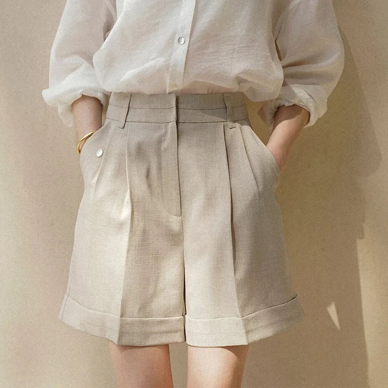 Women's Linen High-Waist Loose Pleated Shorts with Side Pockets and Zipper Fly
