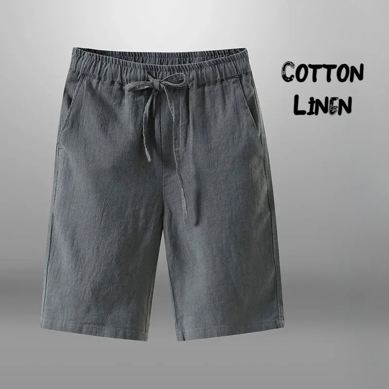 Men’s Cotton-Linen Knee-Length Drawstring Shorts with Pockets and Regular Fit