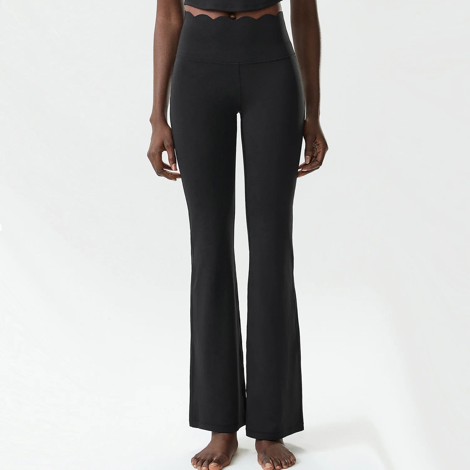 Women's High Waist Nylon Blend Flared Pants with Scalloped Waistband Edge