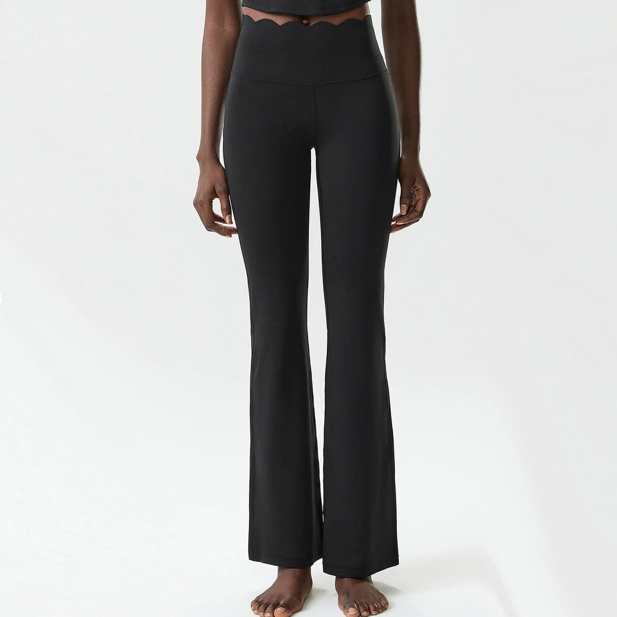 Women's High Waist Nylon Blend Flared Pants with Scalloped Waistband Edge