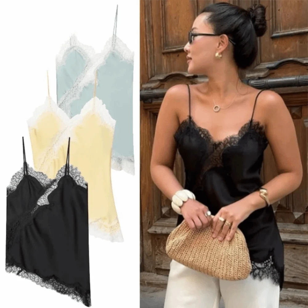 Women's V-Neck Camisole with Lace Trim and an Asymmetric Hem