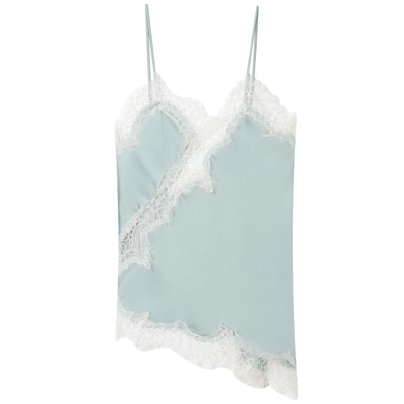 Women's Asymmetric Satin Polyester Camisole with Lace Trim and Thin Straps