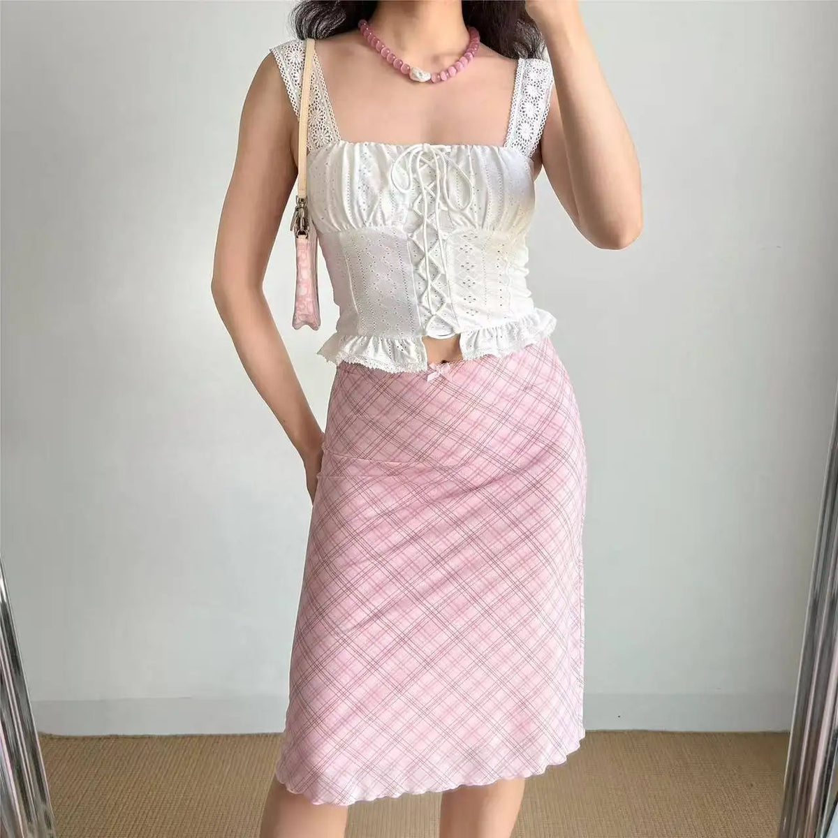 Women's Polyester High-Waist Plaid A-Line Midi Skirt for Casual Everyday Summer Outfits
