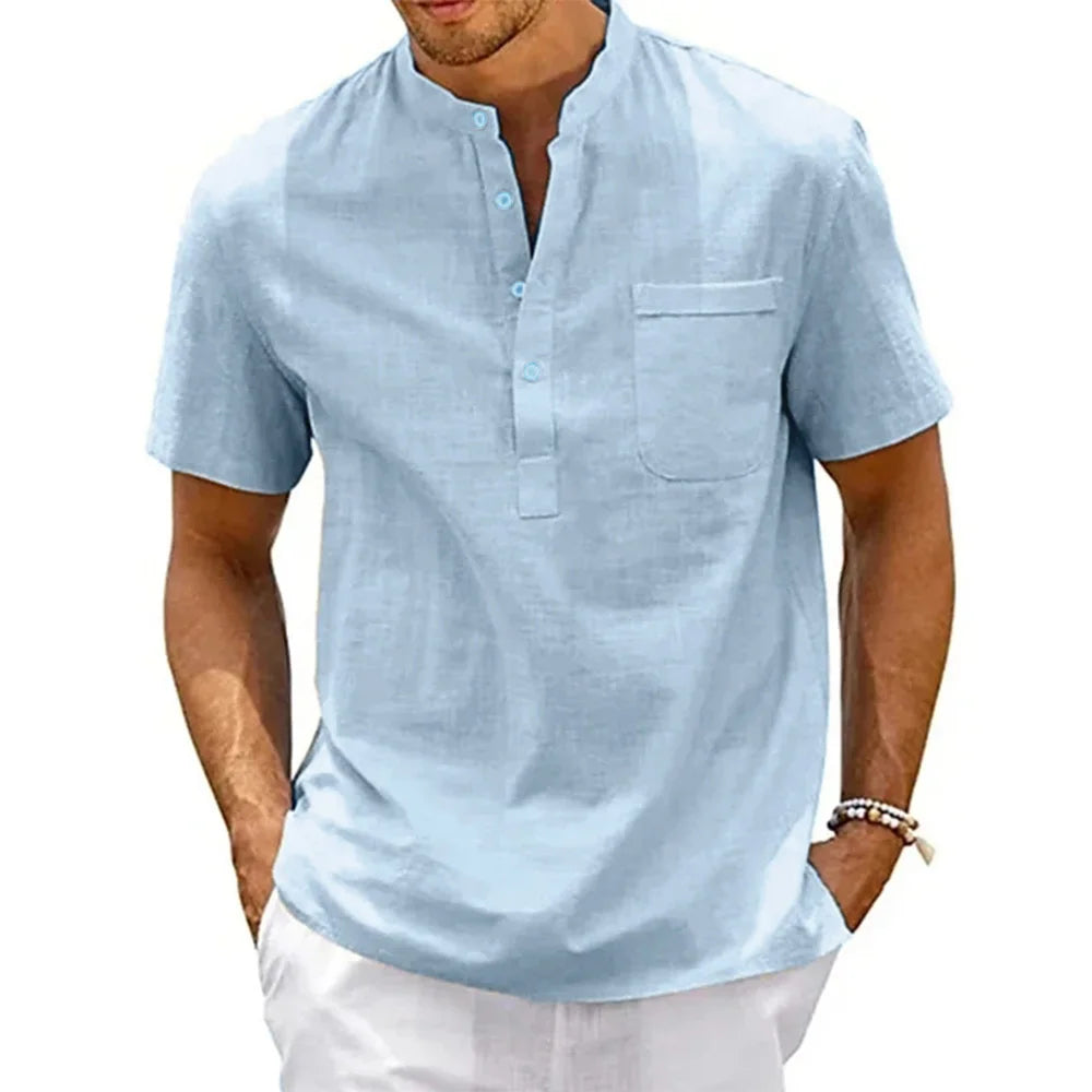 Men’s Short-Sleeve Cotton-Linen Henley Shirt