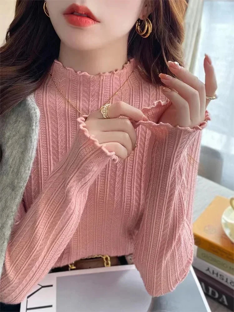 Women's Lettuce Trim Mock Neck Ribbed Sweater Casual Knit Layer