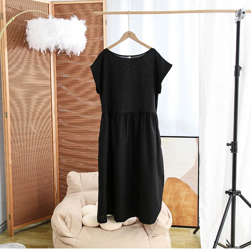 Women's Cotton-Linen Round-Neck Loose A-Line Midi Dress with Pockets for Summer Outfits