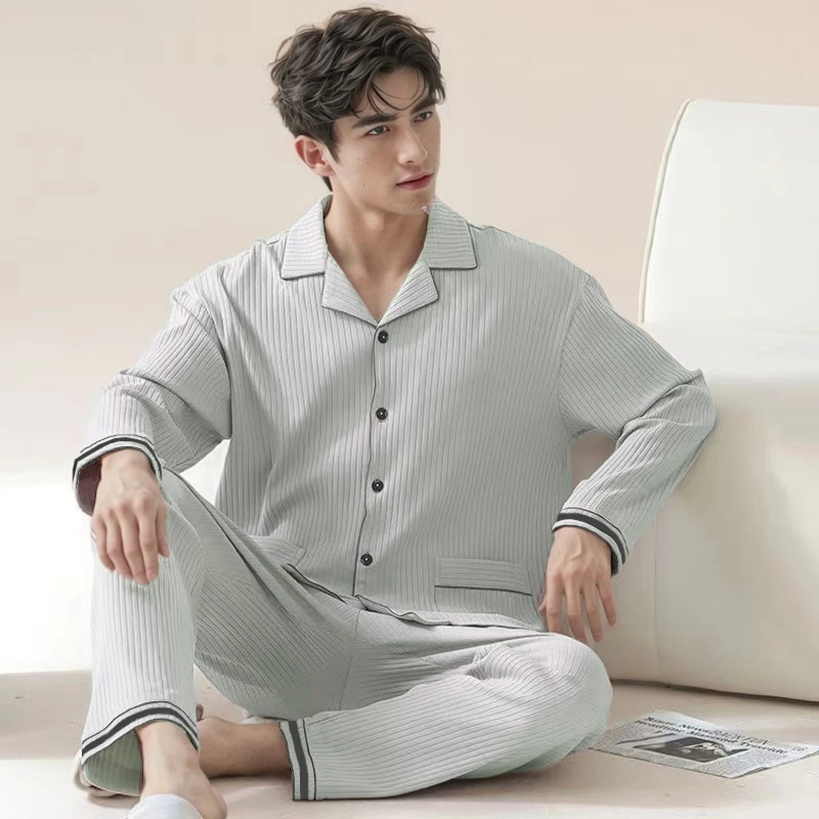 Men's Printed Button Front Long Sleeve Shirt and Pants Pajama Set
