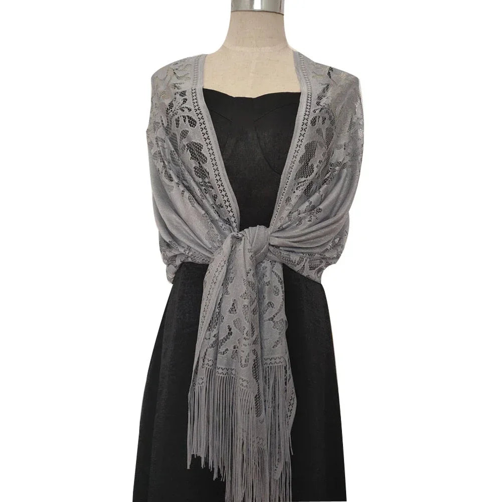 Floral Lace Fringed Wrap Scarf for Layering over Outfits