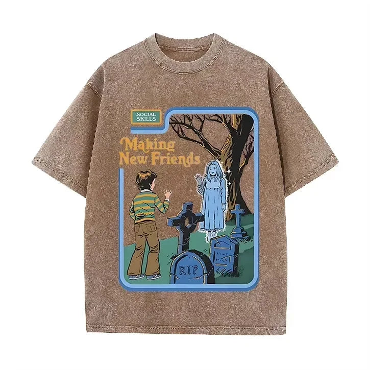 Green Acid Wash Making Friends Ghost Cemetery Vintage Halloween Tee