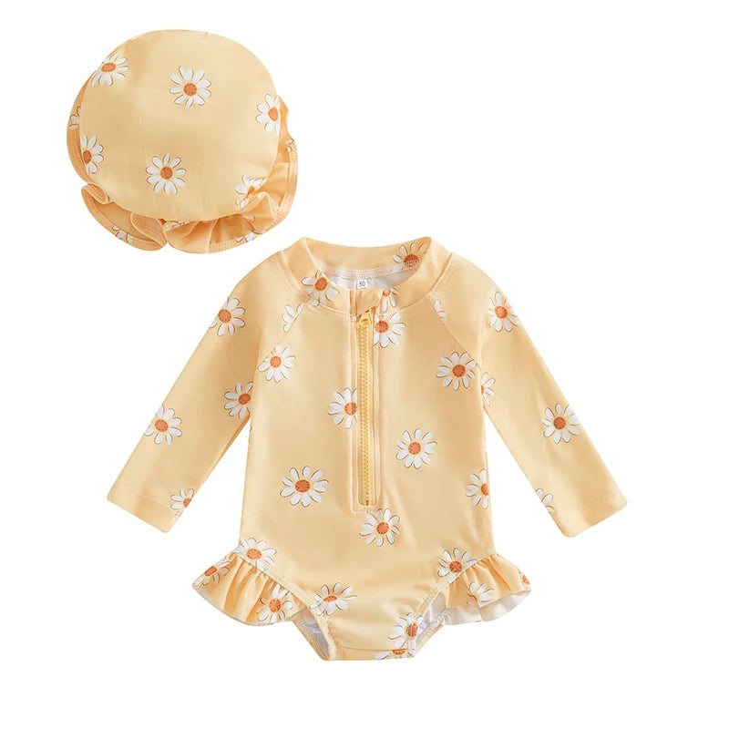 Baby Girls' Floral Long Sleeve Zip-Front Swimsuit with Hat