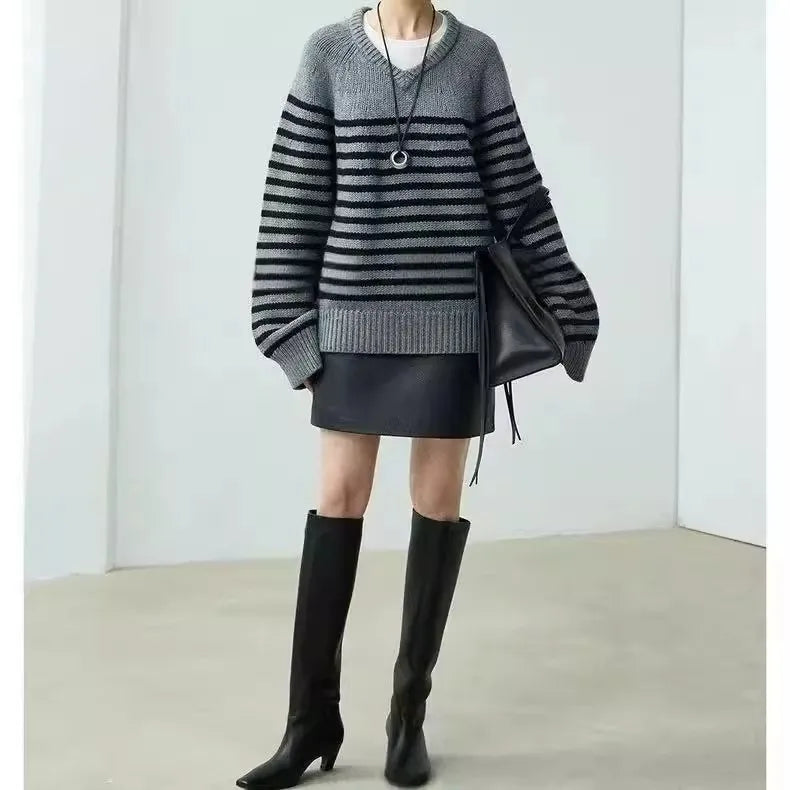 High-end V-neck striped 100% wool knitted sweater loose pullover sweater women wool base layer