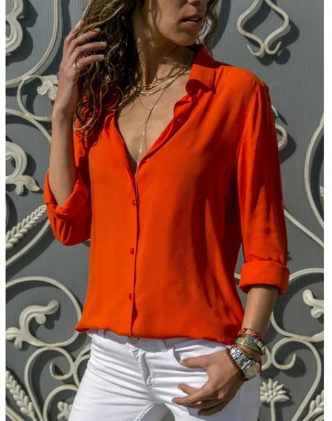 Women's Collared Roll Sleeve Button Front Shirt
