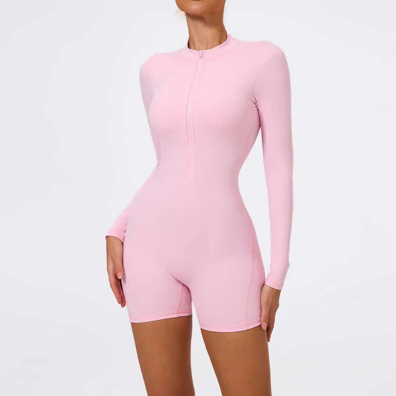 Women's Long Sleeve Nylon Blend Workout Romper with Zipper and Open Back