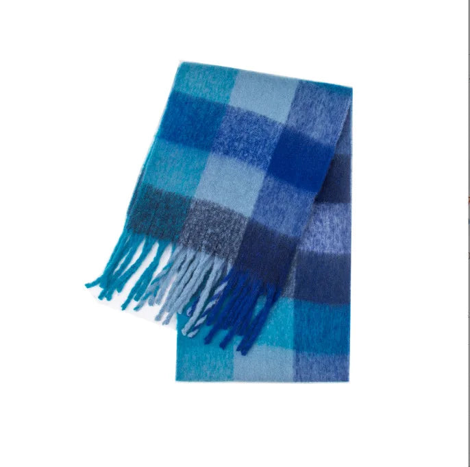 Multicolor Plaid Scarf with Long Shape and Fringed Ends