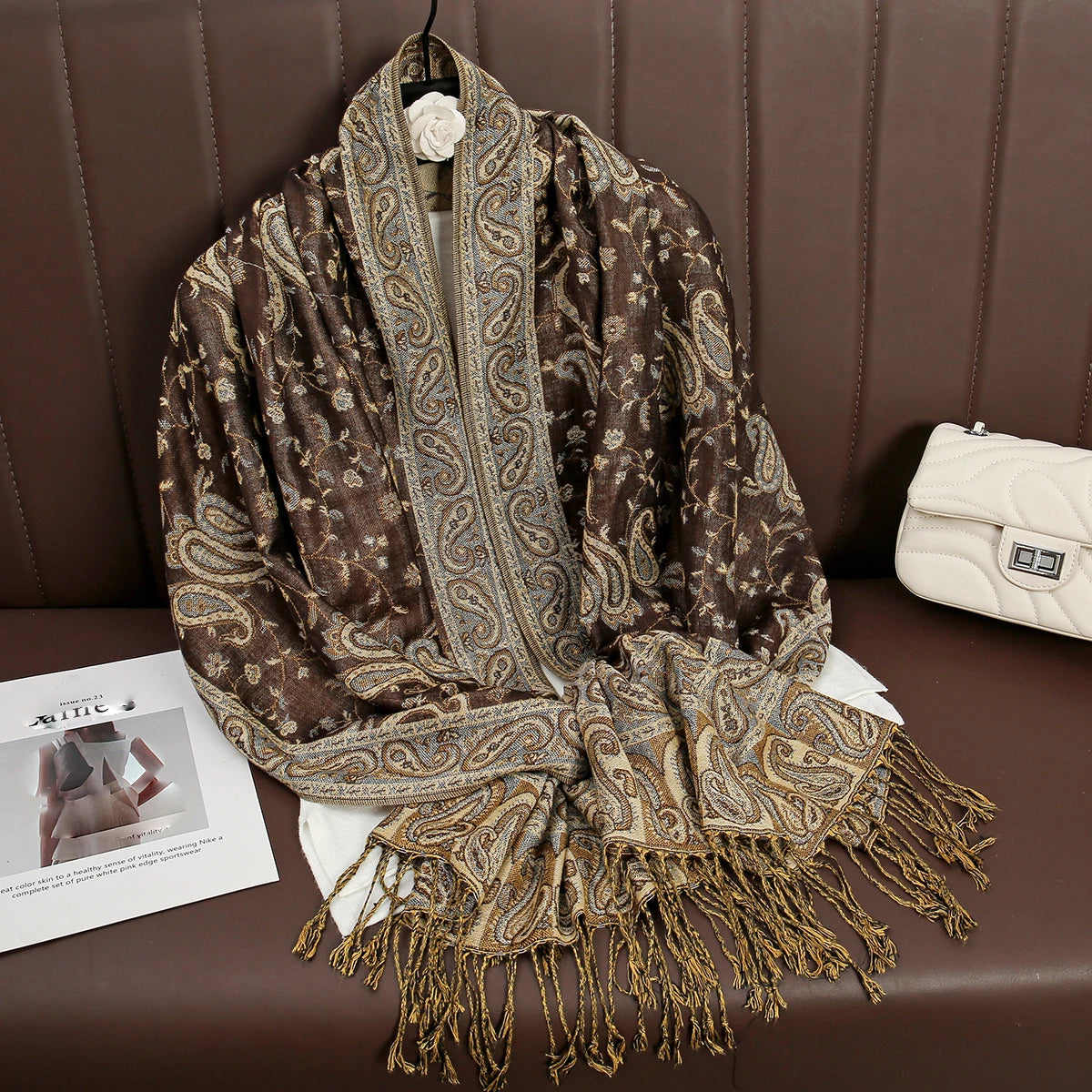 Paisley Floral Print Long Scarf with Fringed Ends