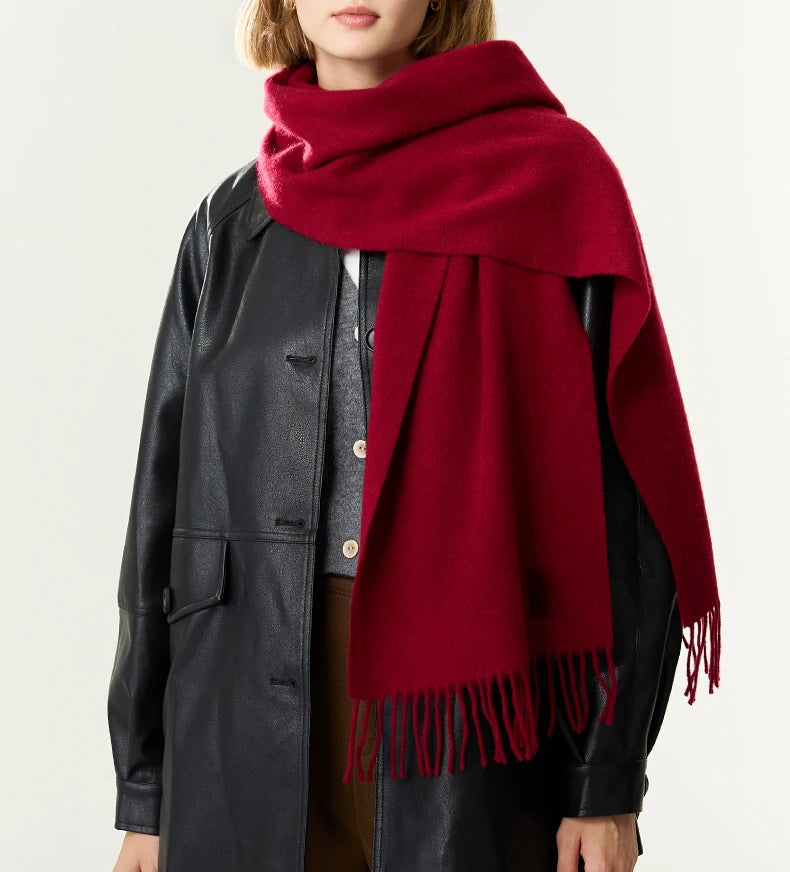 Solid Long Wool Scarf with Decorative Fringed Ends