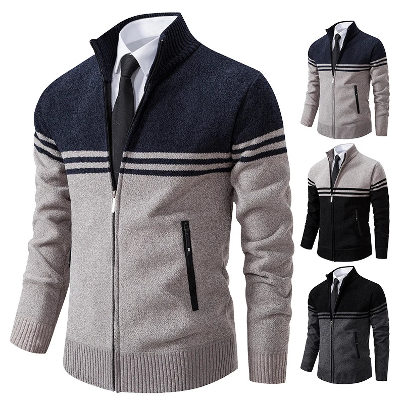 Men's Contrast Stripe Zip Front Knit Cardigan