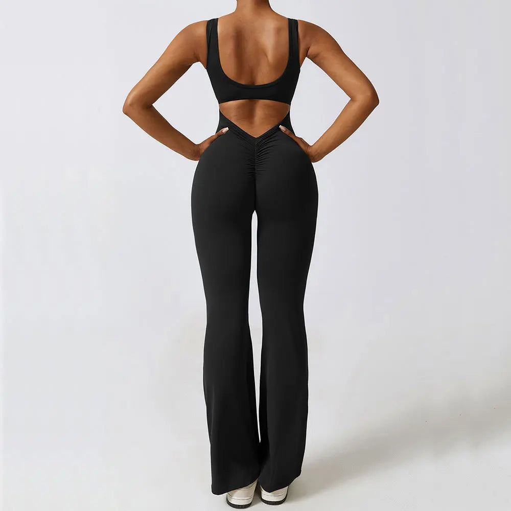 Women's Sleeveless Nylon Blend Flared Workout Jumpsuit with Back Cutout
