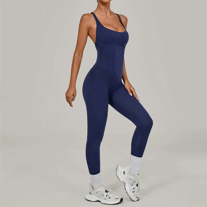 Women's Thin Strap Nylon Blend Workout Jumpsuit with Crisscross Back