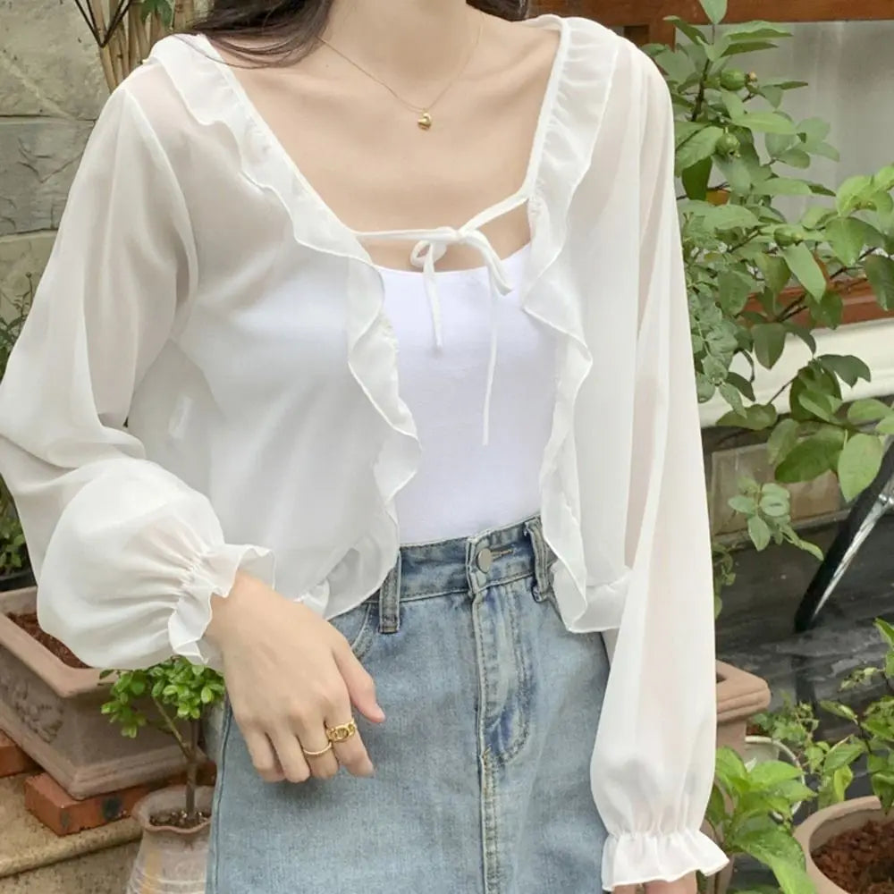Sheer Tie Front Long Sleeve Cardigan for Layering over Outfits