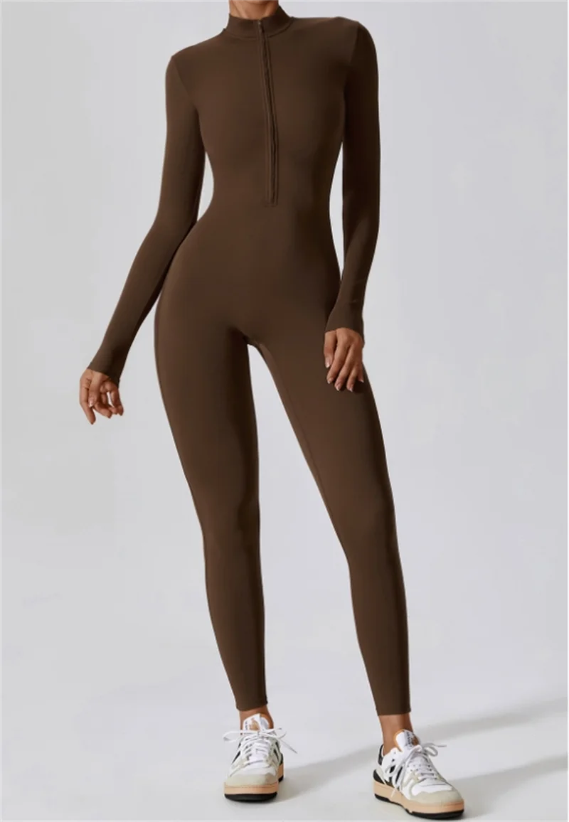 Women's Long Sleeve Nylon Blend Workout Jumpsuit with Half Zip Collar